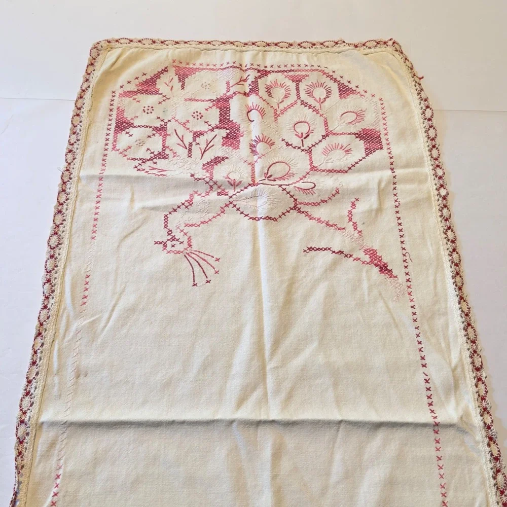 Vintage Handmade Peacock Table Runner Cross Stitch Embroidery Cottagecore Farm